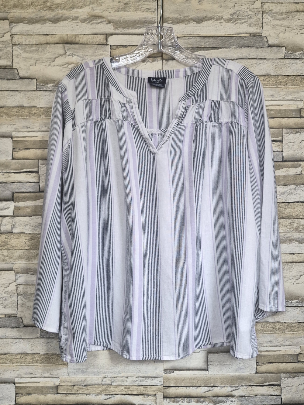 ​Splendid Striped V-Neck Blouse Women's XL Blue Purple Boho Linen Blend Coastal
